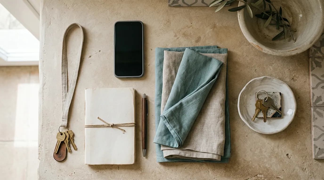 Away owner checklist with keys, notebook, phone and folded linens