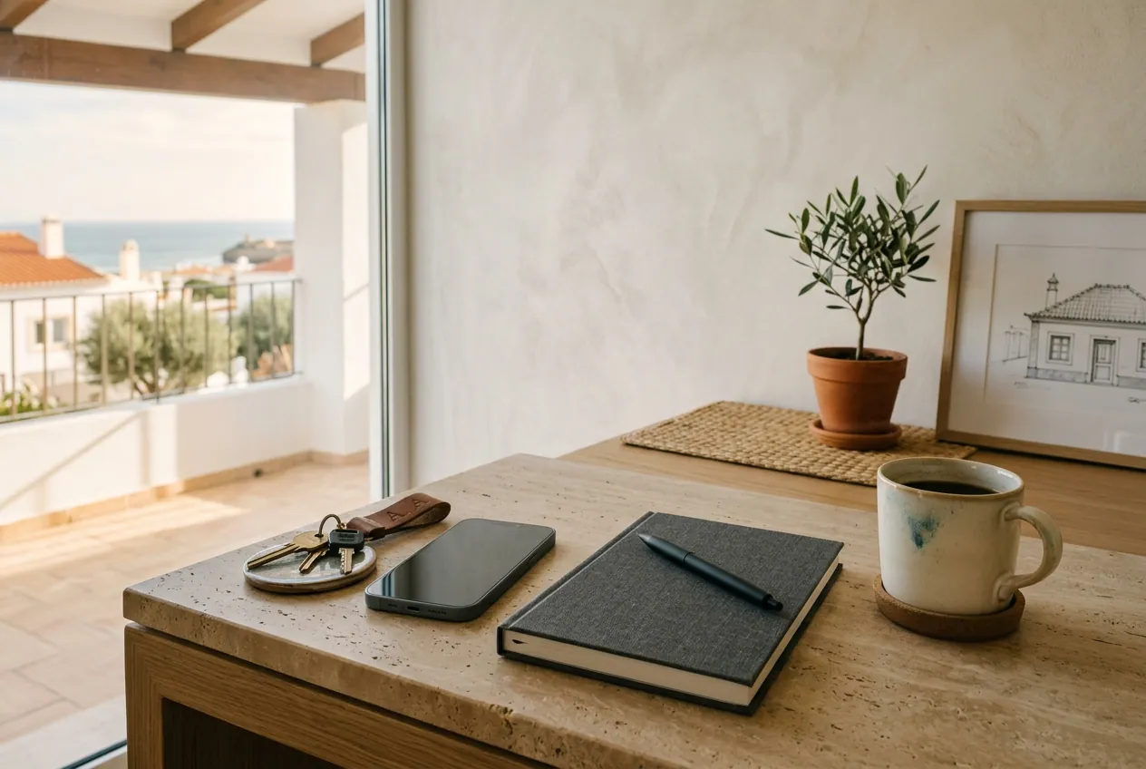 Desk scene in a Portuguese home with keys, notebook and coffee ready for a property check booking