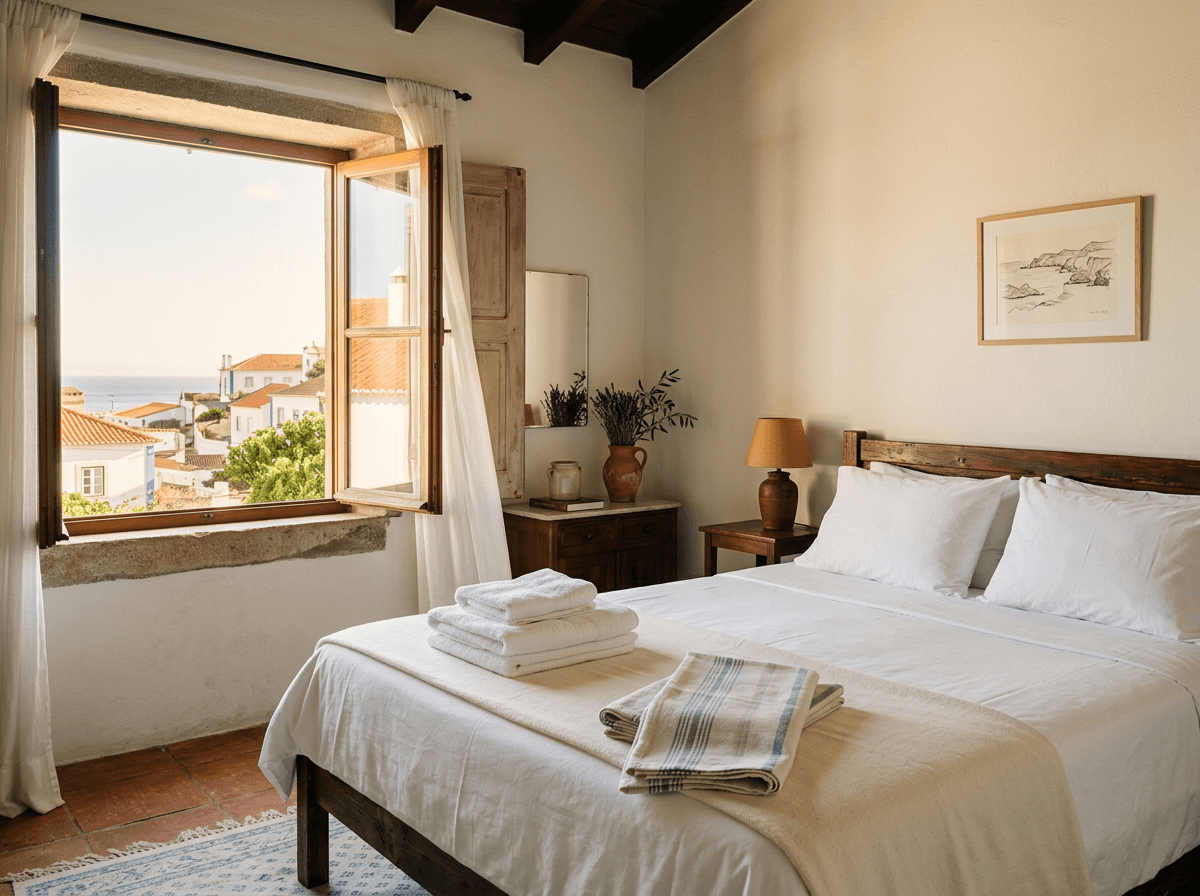 Prepared bedroom in a Portuguese home with fresh linen and towels ready for arrival