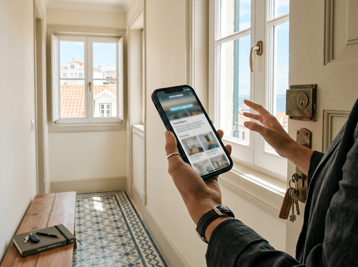 Property check visit in a Portuguese home with window inspection and owner update