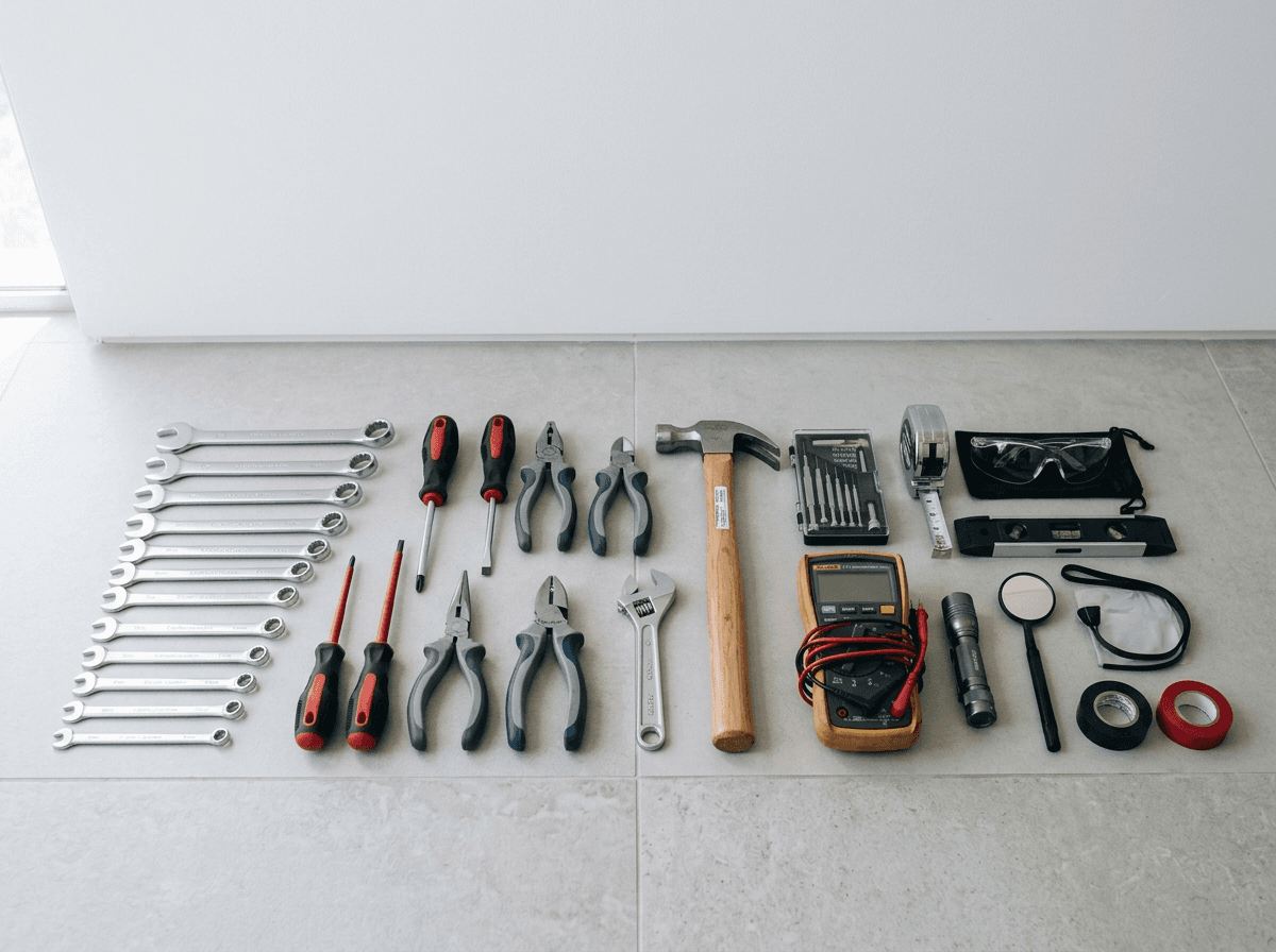 Property maintenance tools arranged for a home check