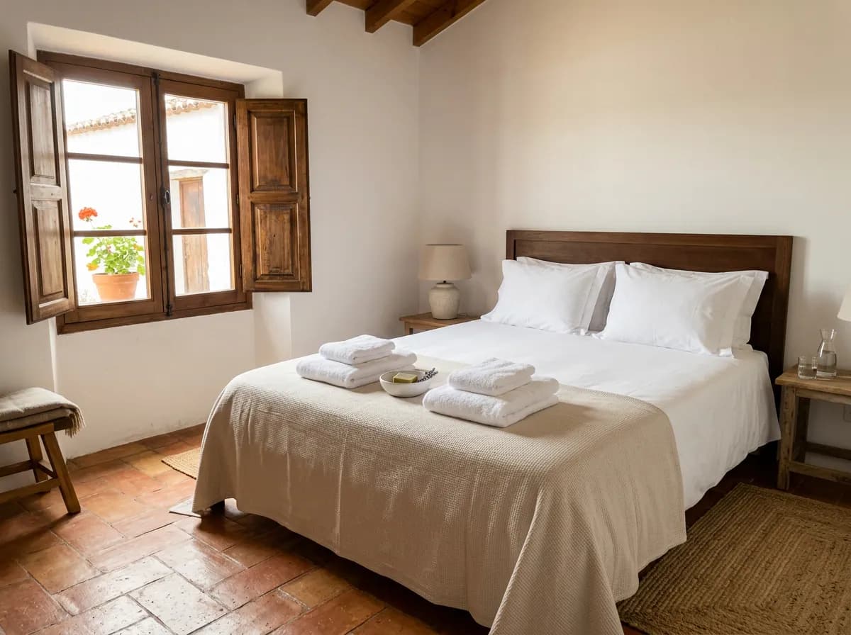 Clean bedroom prepared with fresh linen and towels