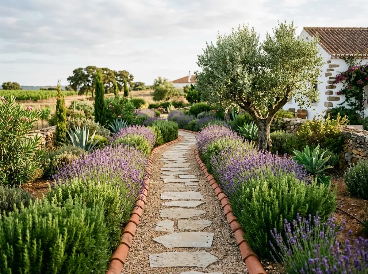 Mediterranean garden with olive tree and lavender path