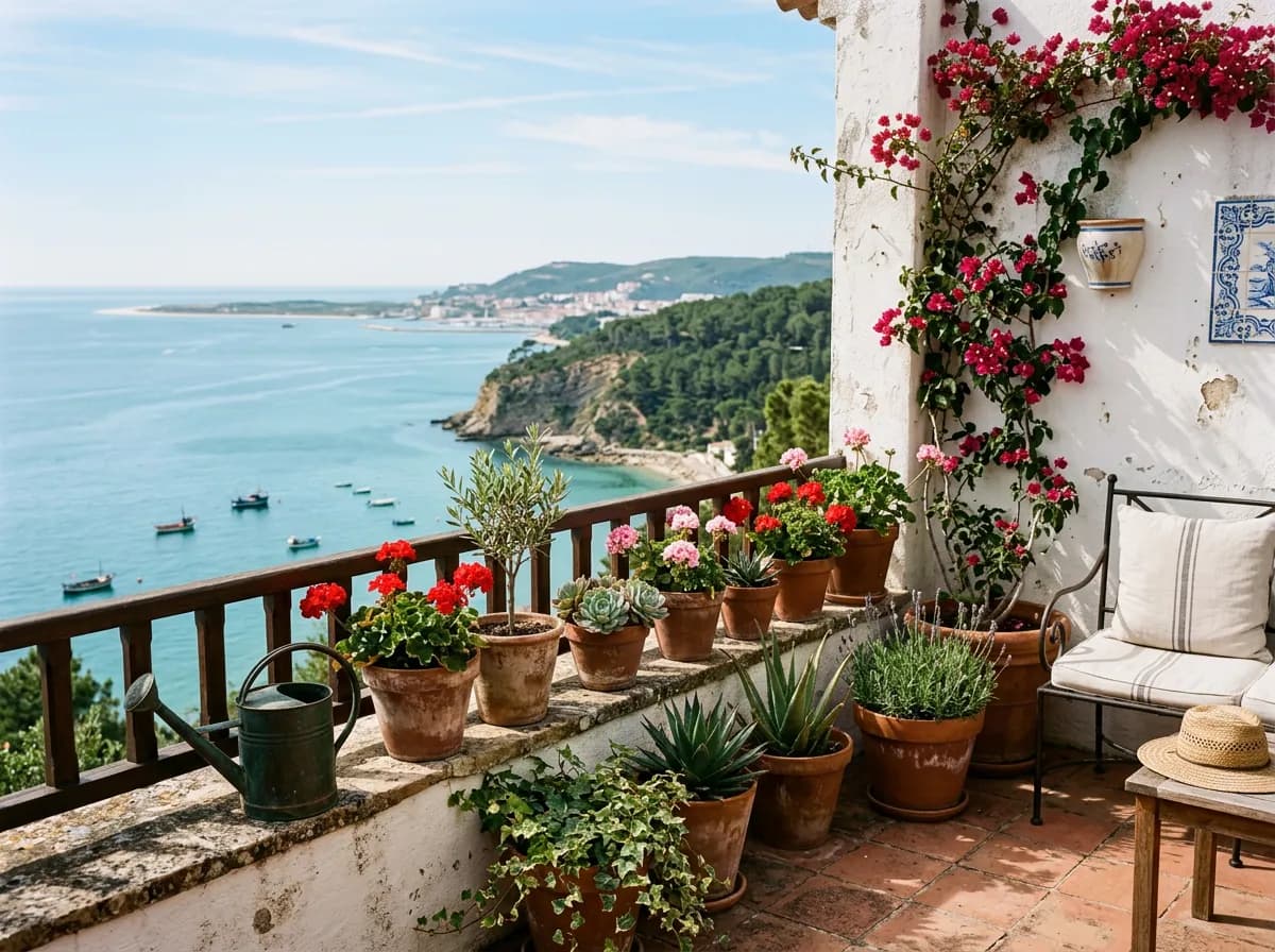 Potted terrace plants on a coastal Portuguese balcony