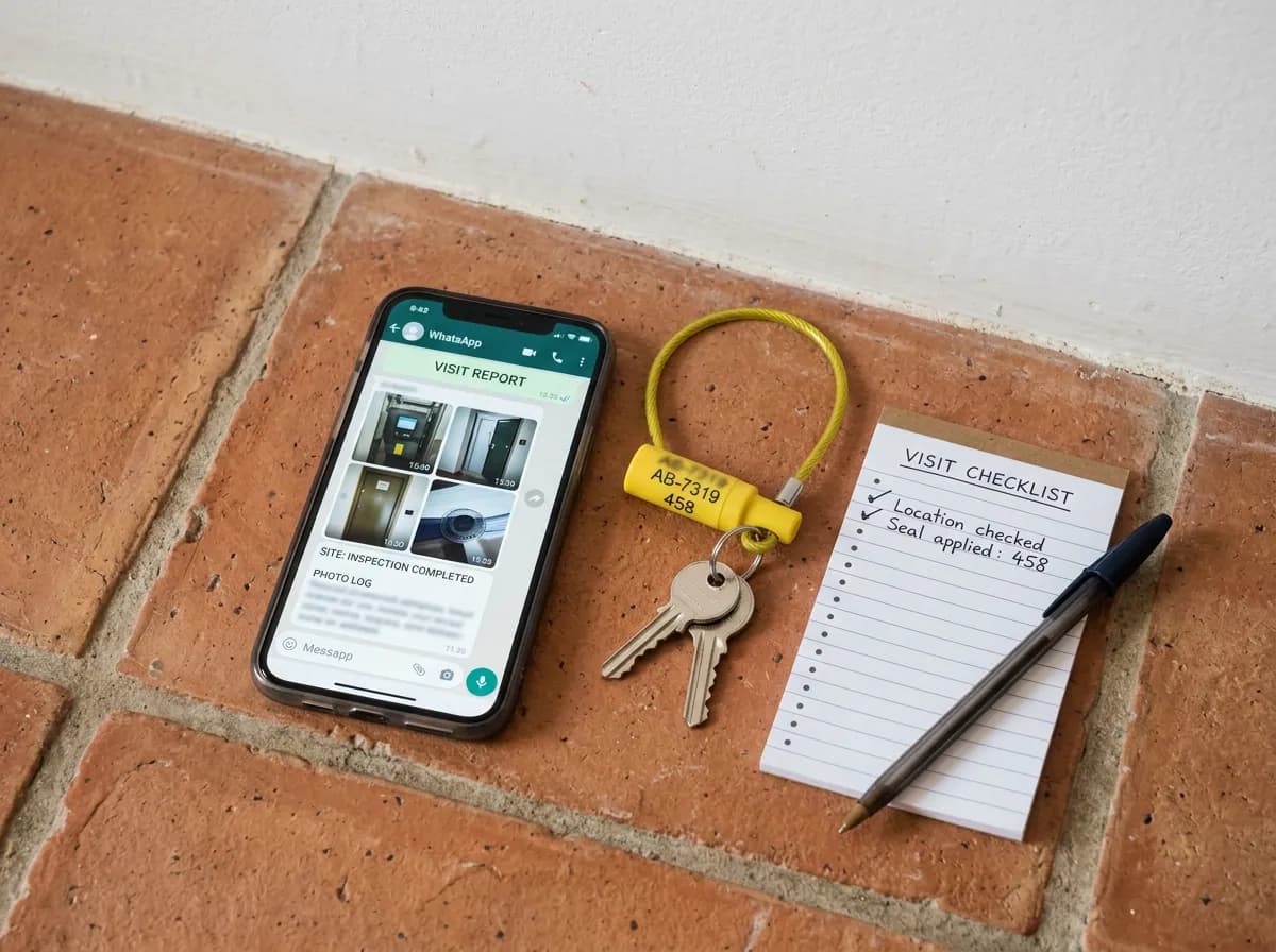 Relatorio de visita com telemovel, chave selada e checklist em tijoleira terracota