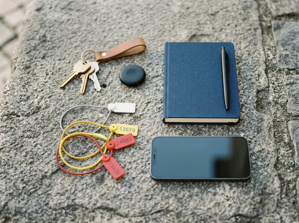 Flat lay de chaves, tracker, selos numerados, caderno e telemovel em pedra